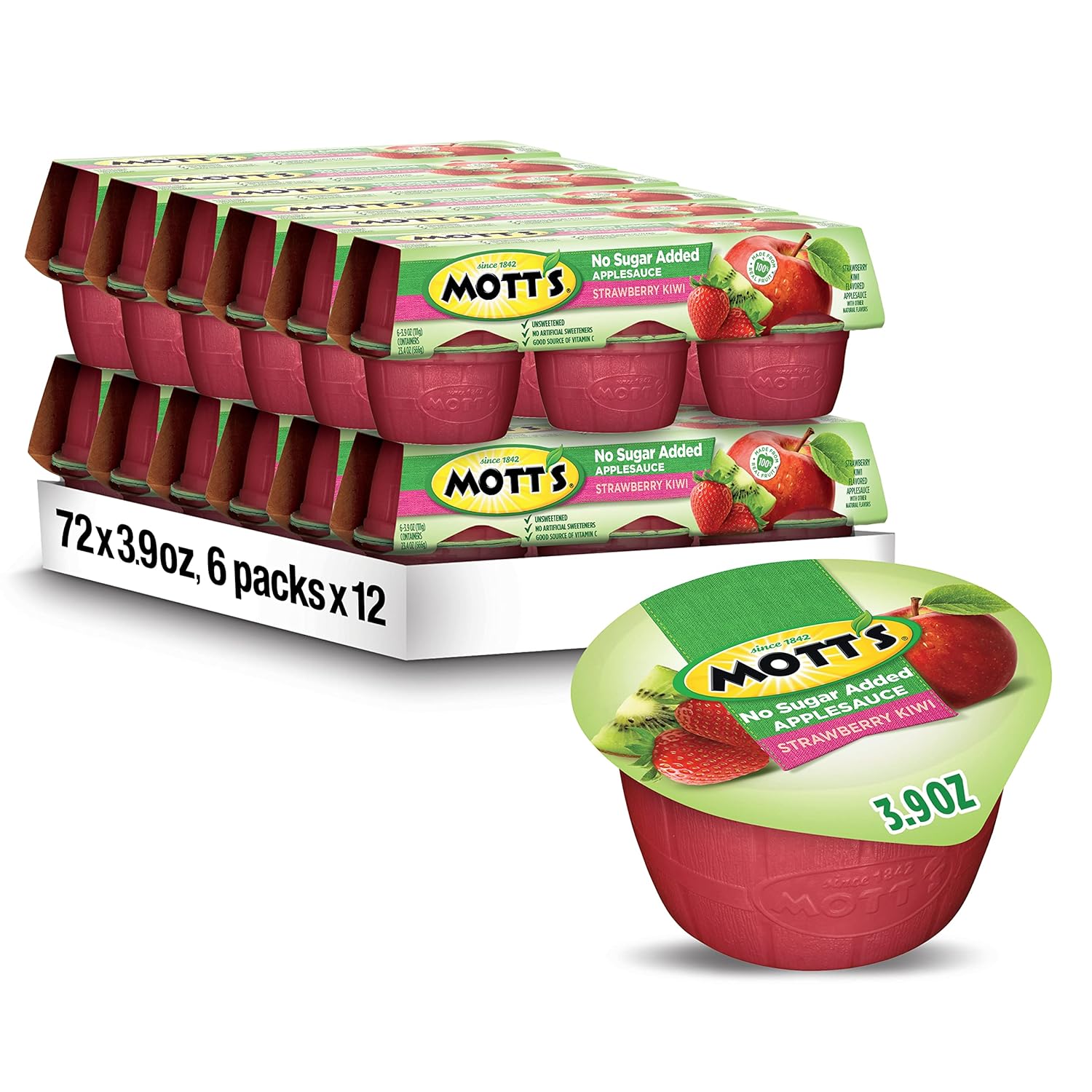 Mott'S No Sugar Added Strawberry Kiwi Applesauce, 3.9 Oz Cups, 72 Count (12 Packs Of 6), Good Source Of Vitamin C, No Artificial Flavors