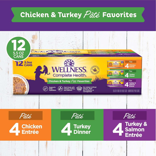 Wellness Complete Health Chicken & Turkey Pate Favorites Variety Pack, 5.5 Ounces Can (Pack Of 12)