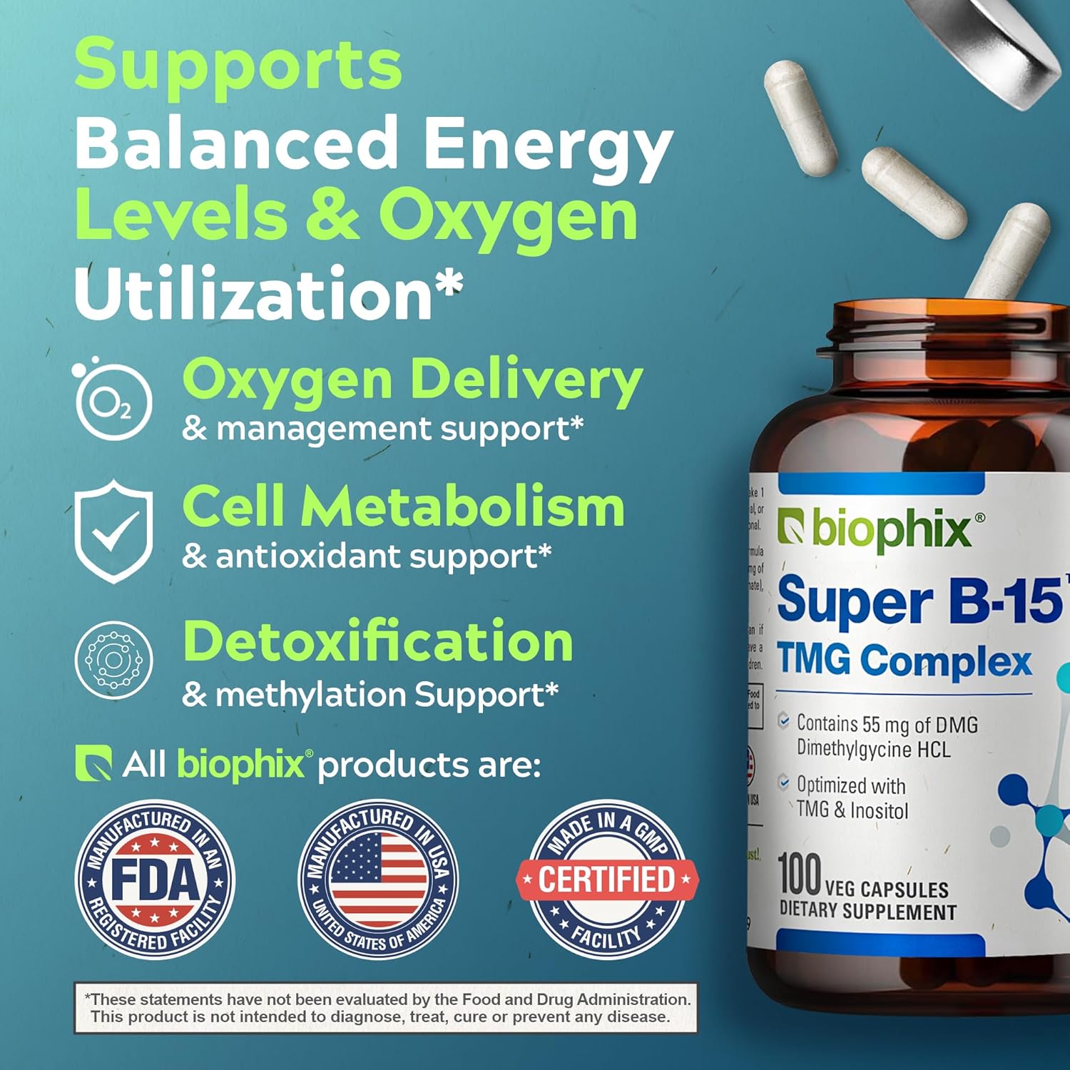Biophix Super B-15 100 Vcaps - Niacin Calcium Choline Inositol Dmg Tmg - Supports Healthy Oxygen Energy Levels : Health & Household