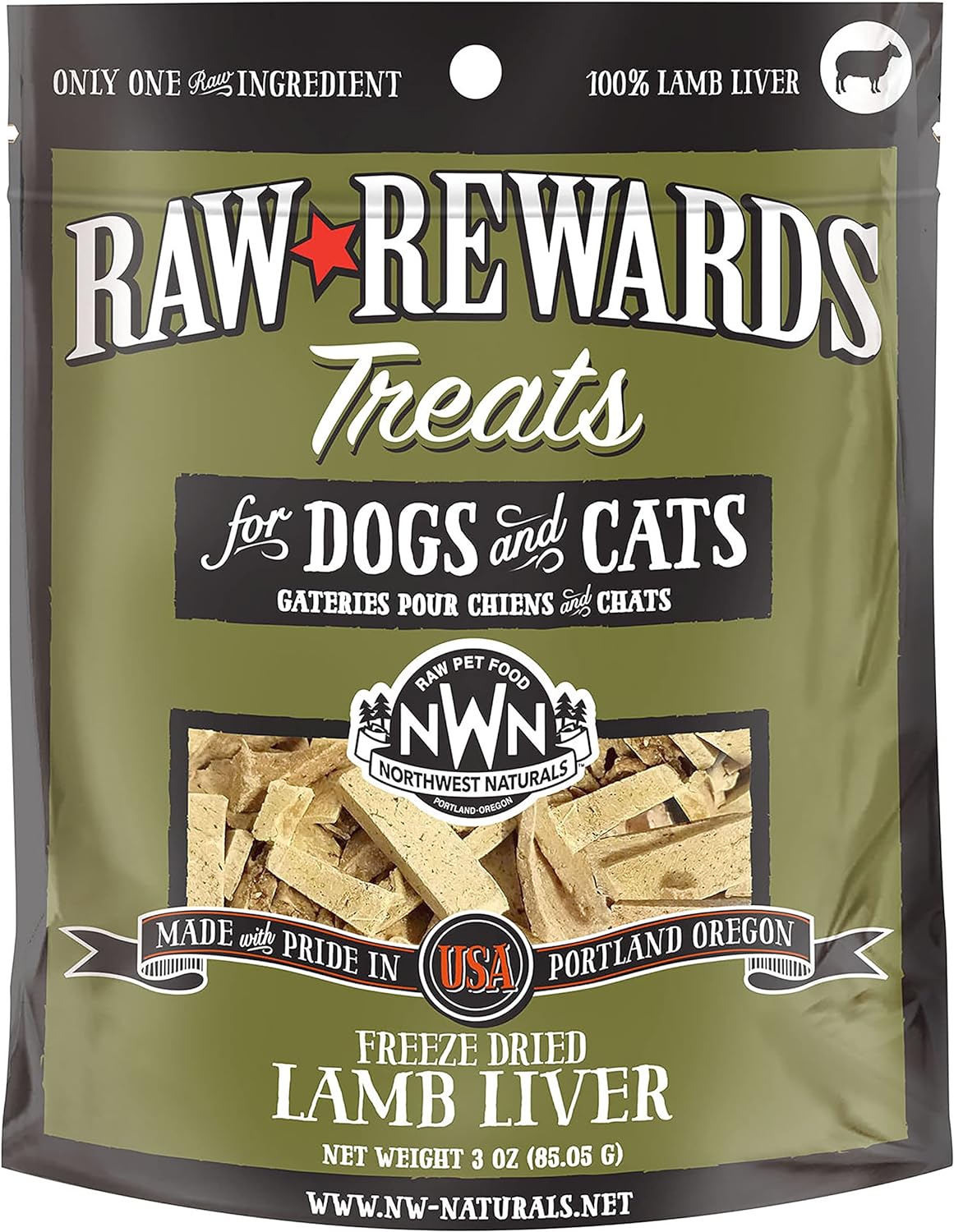 Northwest Naturals Raw Rewards Freeze-Dried Lamb Liver Treats for Dogs and Cats - Bite-Sized Pieces - Healthy, 1 Ingredient, Human Grade Pet Food, All Natural - 3 Oz (Packaging May Vary)