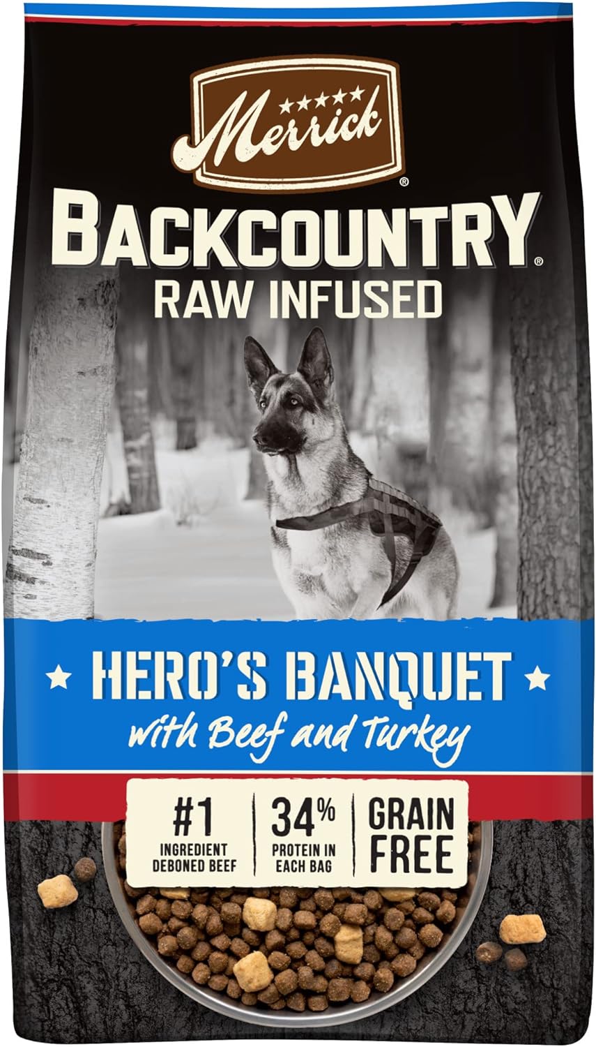 Merrick Backcountry Grain Free Dry Adult Dog Food, Kibble With Freeze Dried Raw Pieces, Hero’s Banquet Recipe - 20.0 lb. Bag