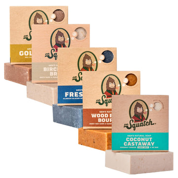 Dr. Squatch Natural Bar Soap For Men Variety Gift Set - Cold Process Soap No Harsh Chemicals - Rainforest Rapids, Coconut Castaway, Fresh Falls, Summer Citrus & Eucalyptus Greek Yogurt (5 Oz, 5-Pack)