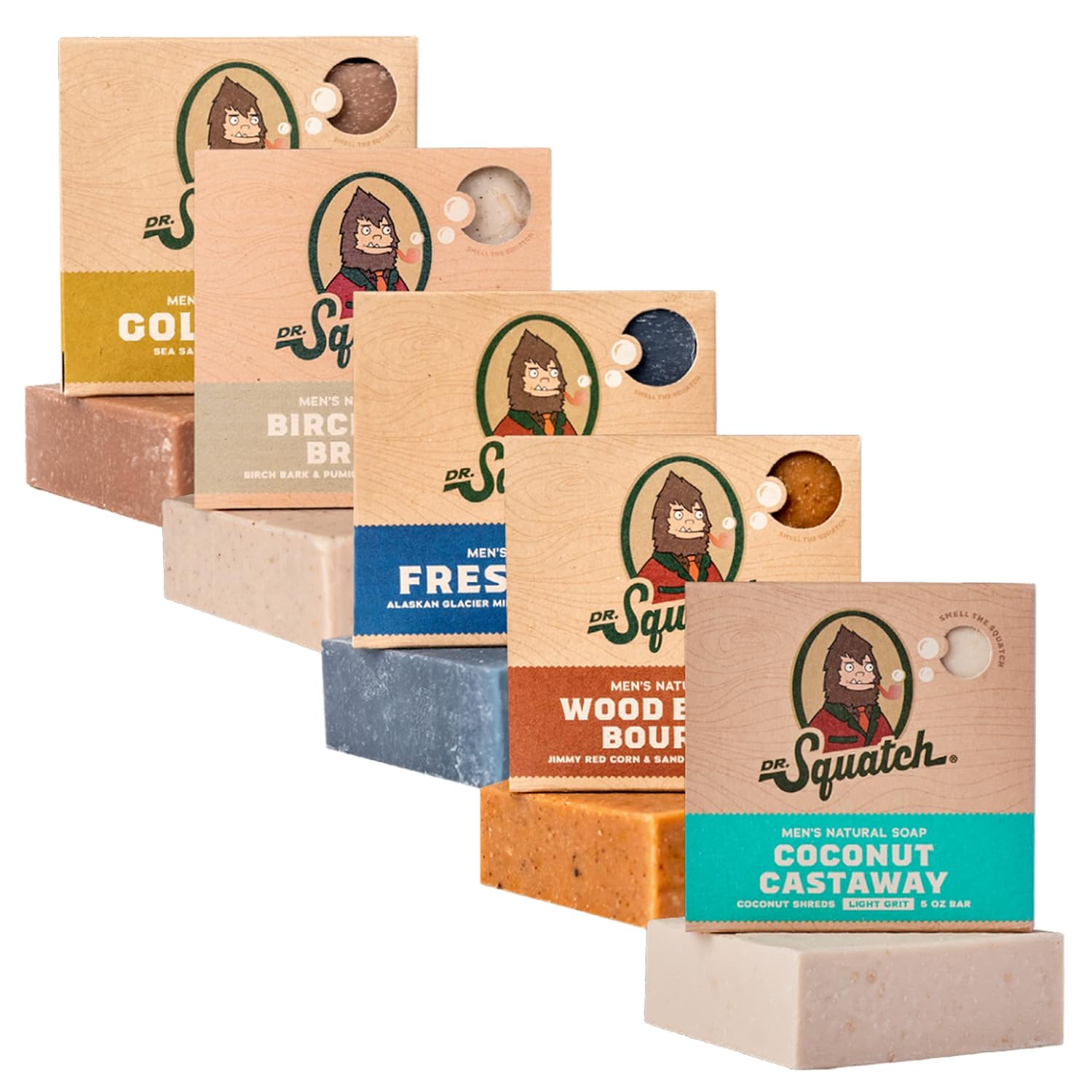 Dr. Squatch Natural Bar Soap For Men - Cold Process Soap With No Harsh Chemicals - Coconut Castaway, Wood Barrel Bourbon, Fresh Falls, Birchwood Breeze & Gold Moss (5 Oz, 5-Pack)
