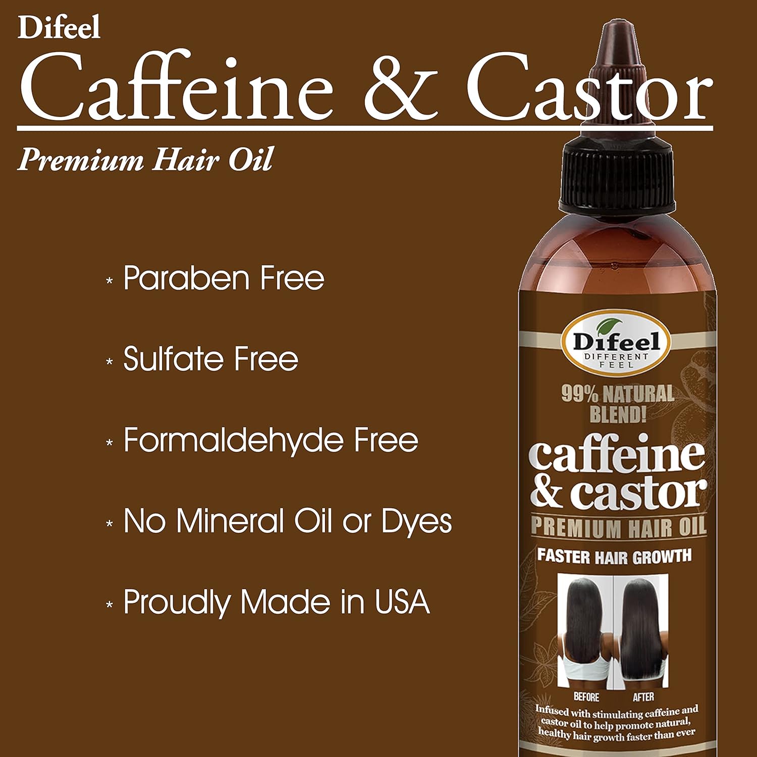 Difeel 99% Natural Premium Hair Oil - Caffeine & Castor Fastest Hair Growth, 8 oz. : Beauty & Personal Care