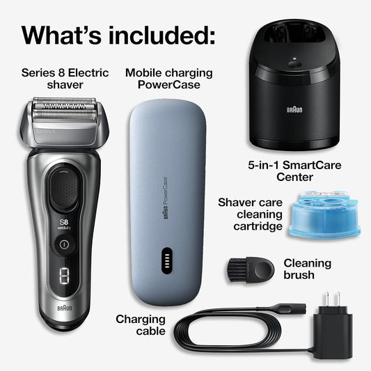 Braun Series 8 8577Cc Electric Razor For Men, 4+1 Shaving Elements & Precision Long Hair Trimmer, 5In1 Smartcare Center, Close & Gentle Even On Dense Beards, Powercase For Mobile Charging, Wet & Dry