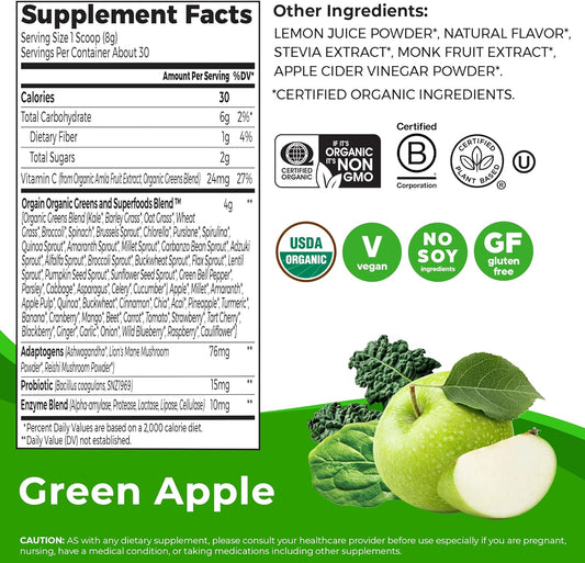 Orgain Supreme Greens Powder With 25 Organic Greens, 50 Superfoods, 1 Billion Probiotics, And Adaptogens, Vegan Greens For Gut Health And Immune Support, 1.5 Servings Of Fruit And Veggies, Green Apple