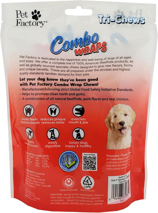 Pet Factory Combo Wraps Pork Flavored Beefhide 5" Twist Sticks Dog Chew Treats W/ Real Chicken Meat Wrap - 22 Count/1 Pack