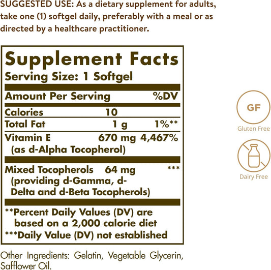 Solgar Vitamin E 670 Mg (1000 Iu), 100 Mixed Softgels - Natural Antioxidant, Skin & Immune System Support - Naturally-Sourced Vitamin E - Gluten /Dairy Free - 100 Servings