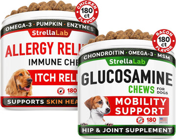 Allergy Relief + Glucosamine Dogs Bundle - Itchy Skin Treatment + Joint Pain Relief - Omega 3 & Pumpkin + Prebiotics - Dogs Itching & Licking Treats + Hip & Joint Care - 360 Chews - Made In Usa