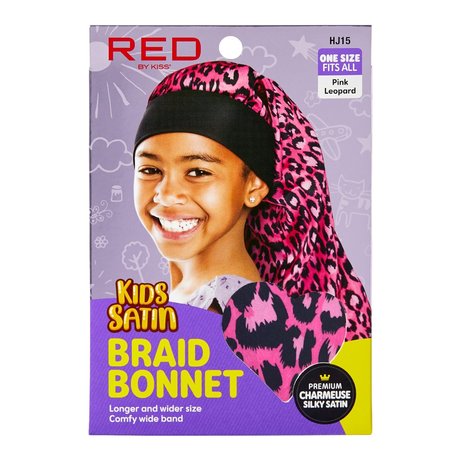 Red By Kiss Kids Satin Braid Bonnet, Comfy Wide Band For Long Hair, Long Braids (Pink Leopard)