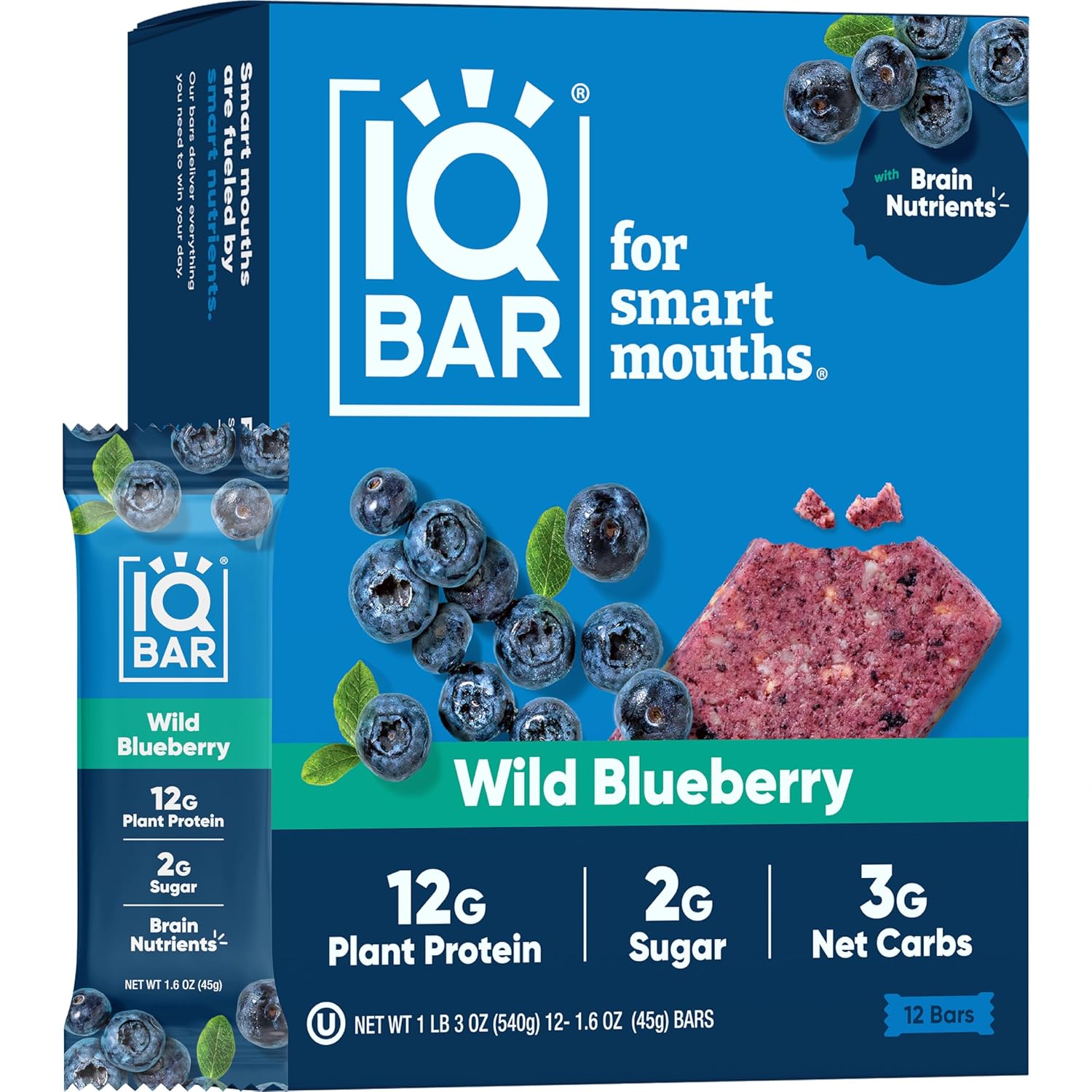 Iqbar Brain And Body Plant Protein Bars - Wild Blueberry - 12 Count, Low Carb, High Fiber, Gluten Free, Healthy Vegan Snacks - Low Sugar Keto Bar Pack