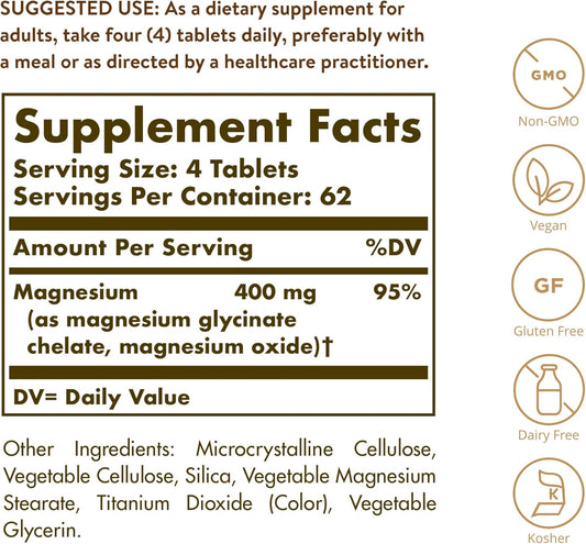 Solgar Chelated Magnesium, 250 Tablets - Supports Nerve & Muscle Function - Promotes Healthy Bones - Vital For Cellular Energy Release - Non-Gmo, Vegan, Gluten Free, Dairy Free - 62 Servings