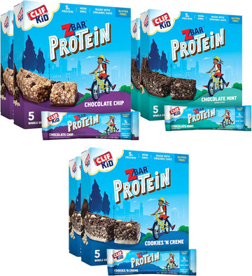 Clif Kid Zbar Protein Bars - Chocolate Chip, Chocolate Mint, Cookies 'N Creme 30 Count & Chocolate Chip 15 Pack - 5G Protein Per Bar