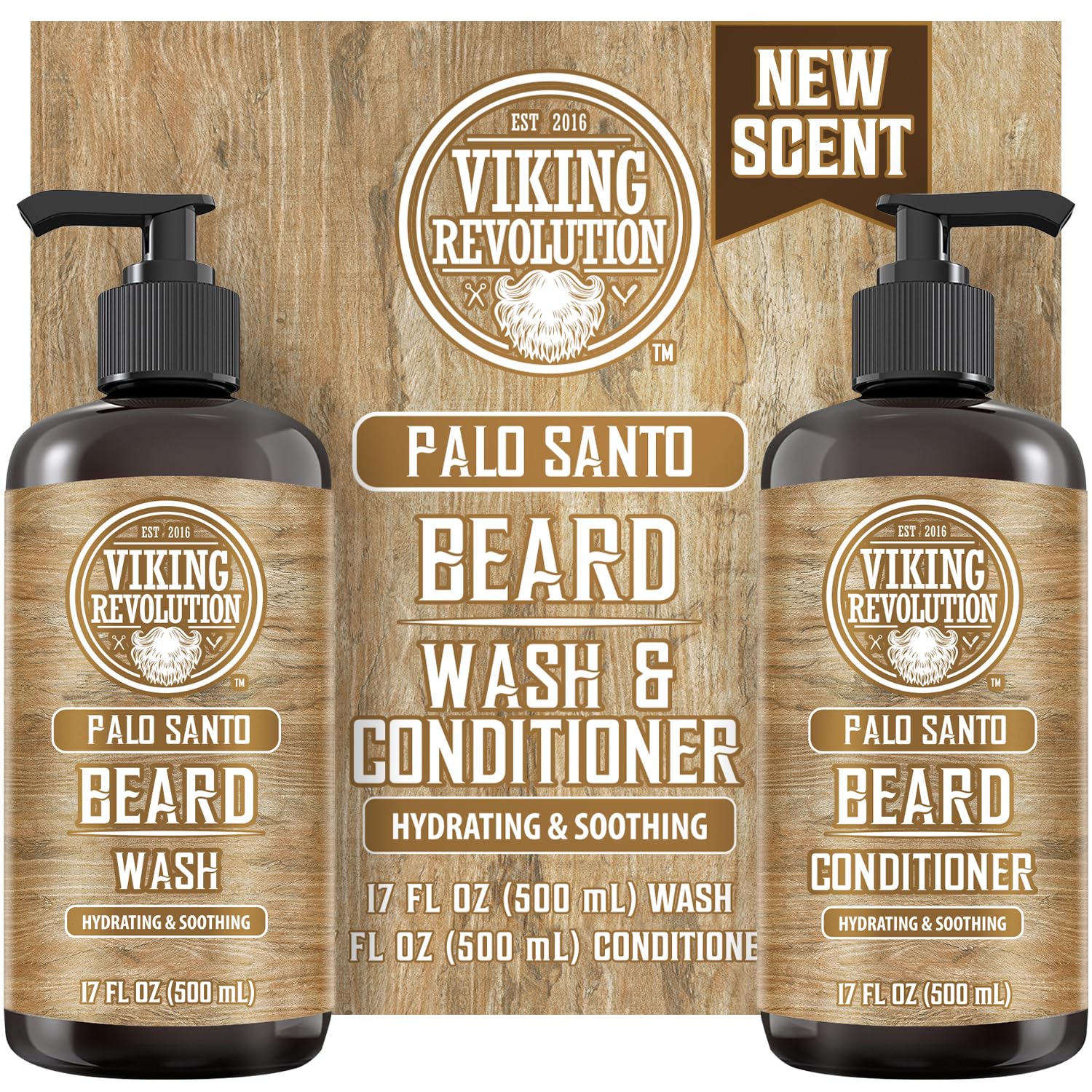 Viking Revolution Palo Santo Beard Wash And Beard Conditioner Set With Argan And Jojoba Oils - Softens And Strengthens - Natural Palo Santo Scent - Beard Shampoo With Ginseng Root Extract (17 Oz)