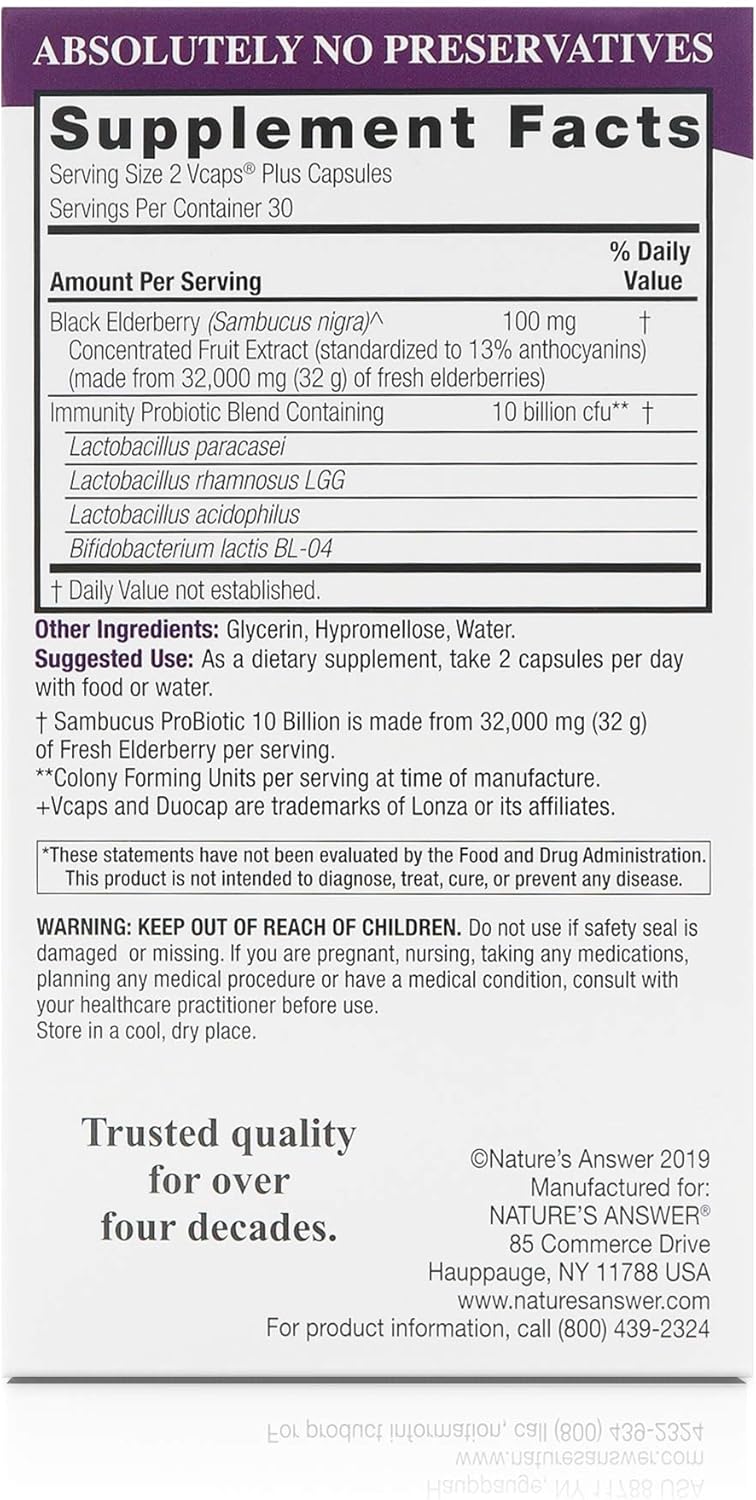 Nature's Answer Sambucus + Probiotic | 32,000mg Standardized Fresh Elderberry Duo Cap with 10 Billion CFU Probiotic | Gluten-Free, Non-GMO | 60-Capsules | Single Count