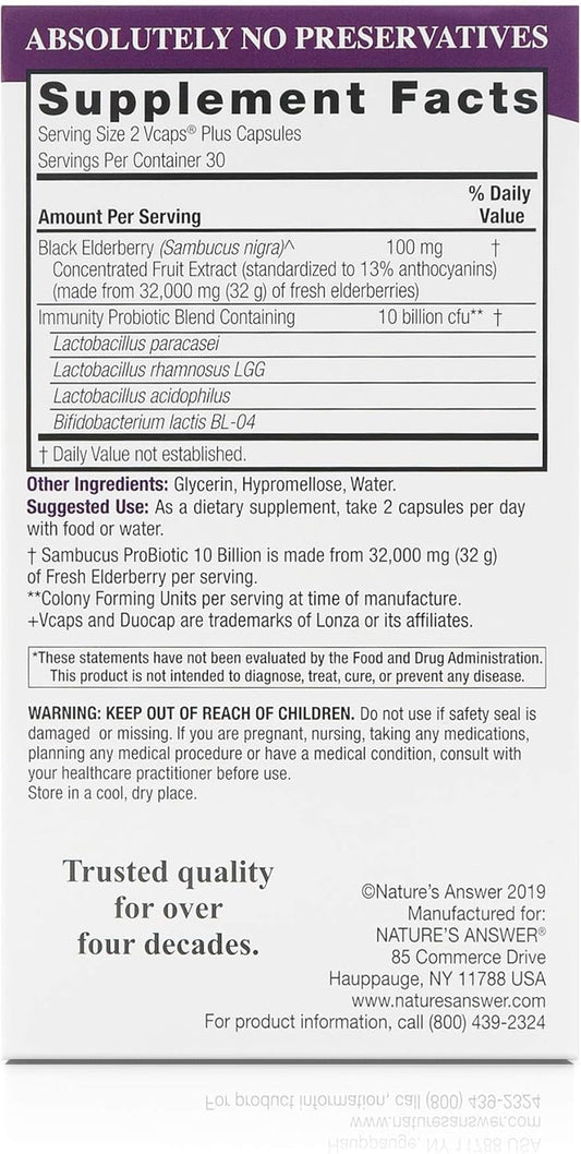 Nature's Answer Sambucus + Probiotic | 32,000mg Standardized Fresh Elderberry Duo Cap with 10 Billion CFU Probiotic | Gluten-Free, Non-GMO | 60-Capsules | Single Count
