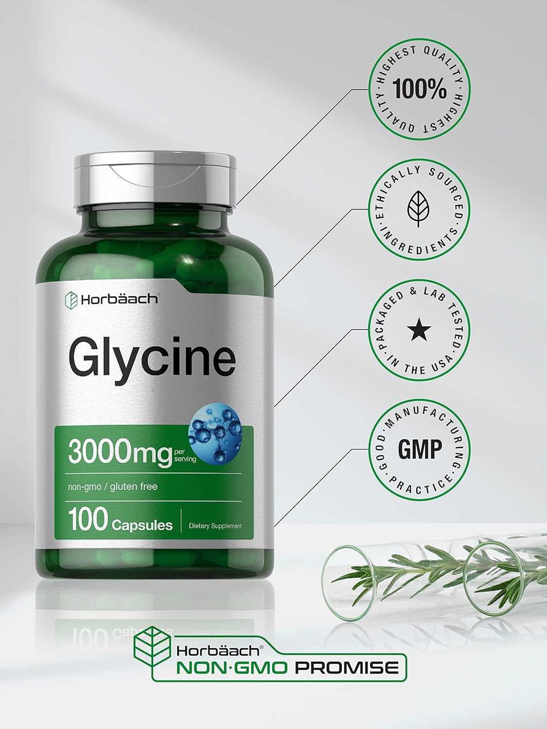 Horbäach Glycine 3000mg 100 Capsules | Non-GMO, Gluten Free Glycine Supplement for Men & Women : Health & Household