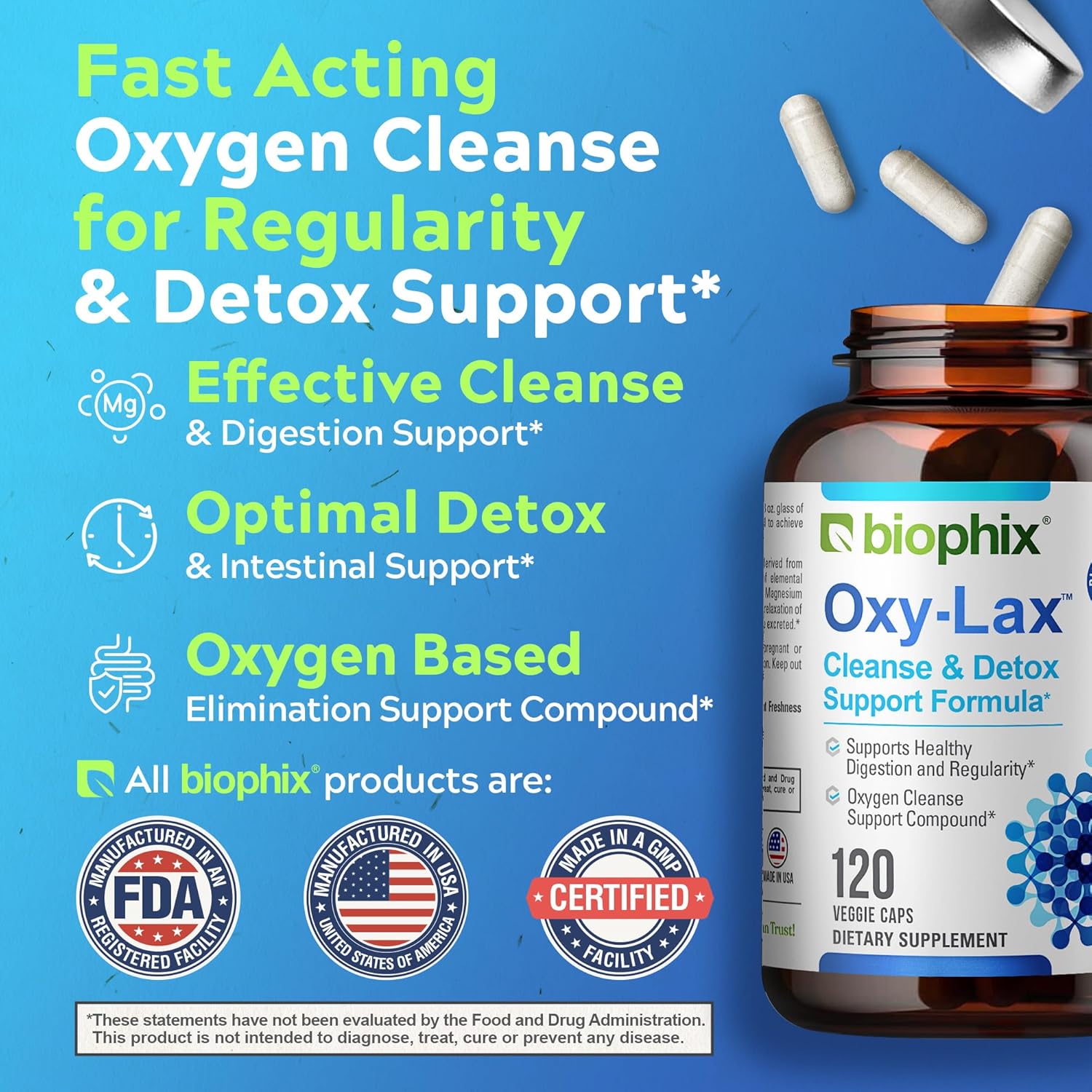 Biophix Oxy-Lax 750 Mg 120 Vcaps - Free Vitamin D-3 5000 Iu 30 Softgels - Natural Magnesium Oxide Oxygen Based Colon Cleanse Gentle Laxative Supports Healthy Digestive Tract Regularity : Health & Household