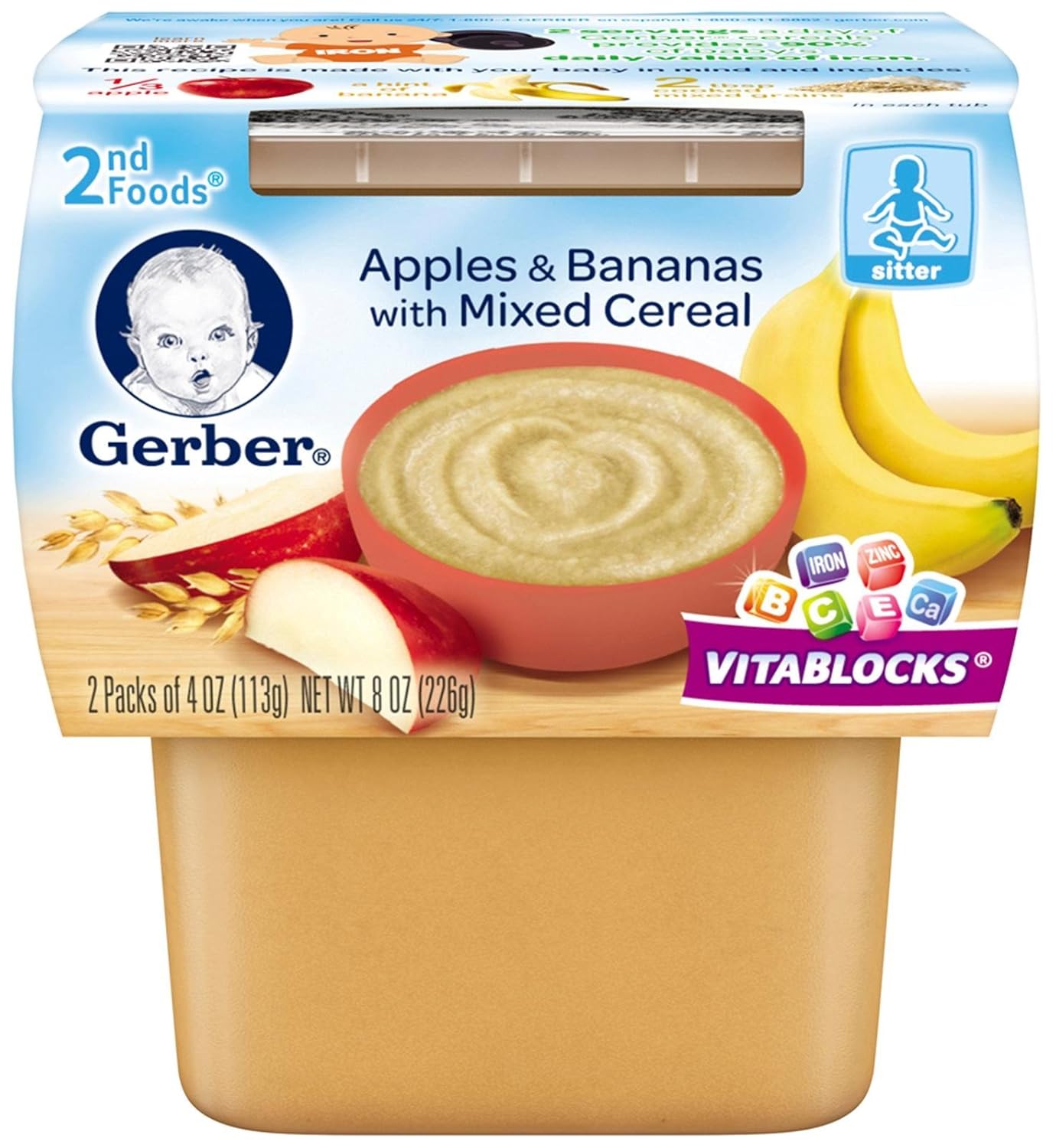 Gerber Baby Food 2Nd Foods, Mixed Cereal, Apple & Banana With Mixed Cereal Puree, 4 Ounce Tubs, 2-Pack (Pack Of 8)