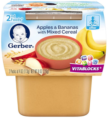 Gerber Baby Food 2Nd Foods, Mixed Cereal, Apple & Banana With Mixed Cereal Puree, 4 Ounce Tubs, 2-Pack (Pack Of 8)