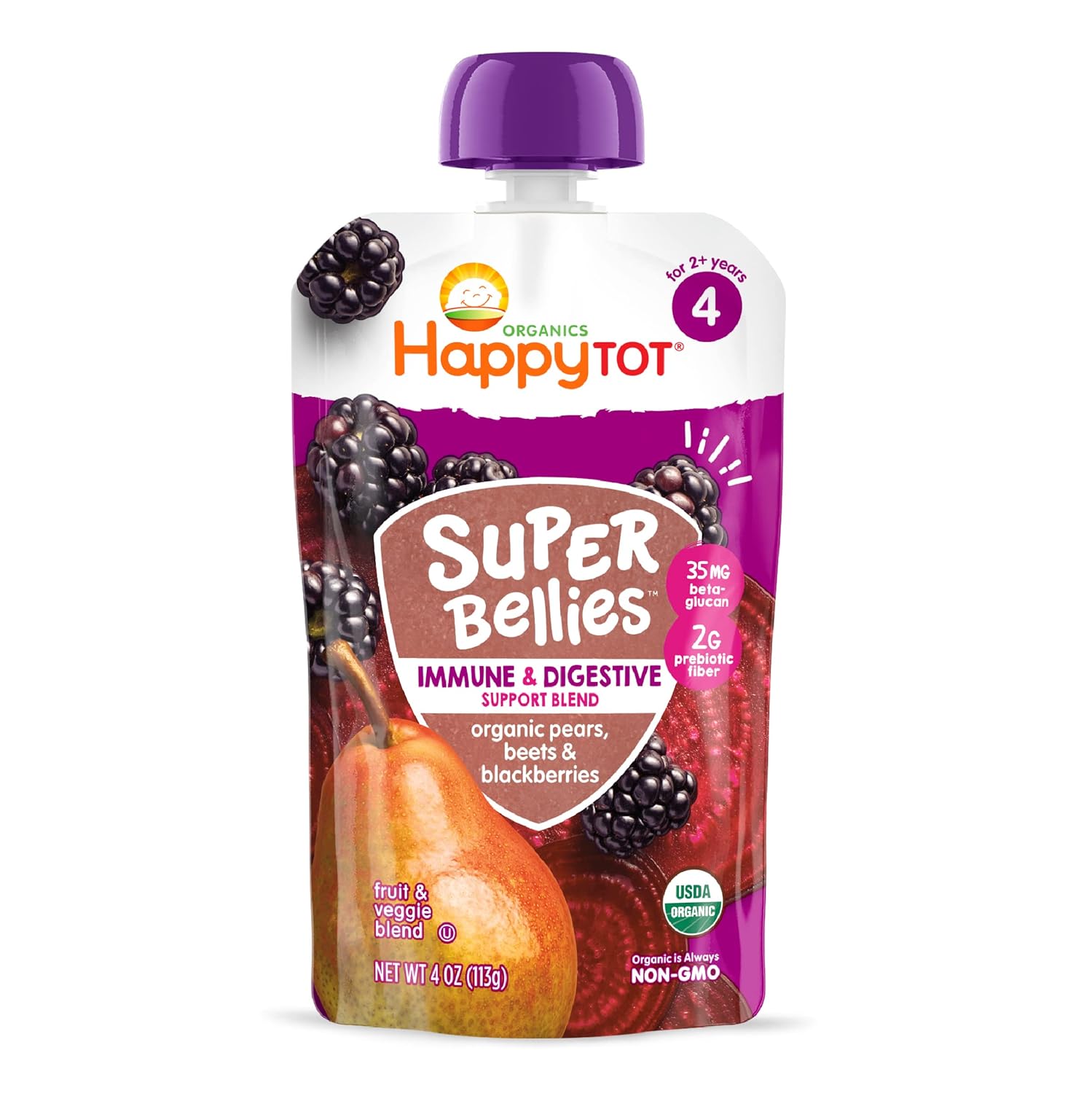 Happy Tot Organics Stage 4 Baby Food Pouches, Gluten Free, Vegan Snack, Super Bellies, Fruit & Veggie Puree, Pears, Beets & Blackberries 4 Ounce (Pack of 16) : Everything Else