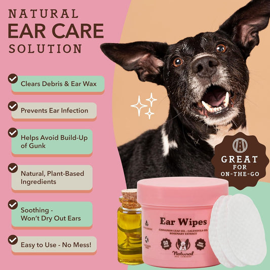 Natural Dog Ear Wipes (50 Ct) Essential Oil Infused Hygenic Dog Ear Cleanser for Dogs, Reduces Odor, Soothing Calendula, Aloe Vera, Witch Hazel, Dog Ear Itch Relief, Vegan