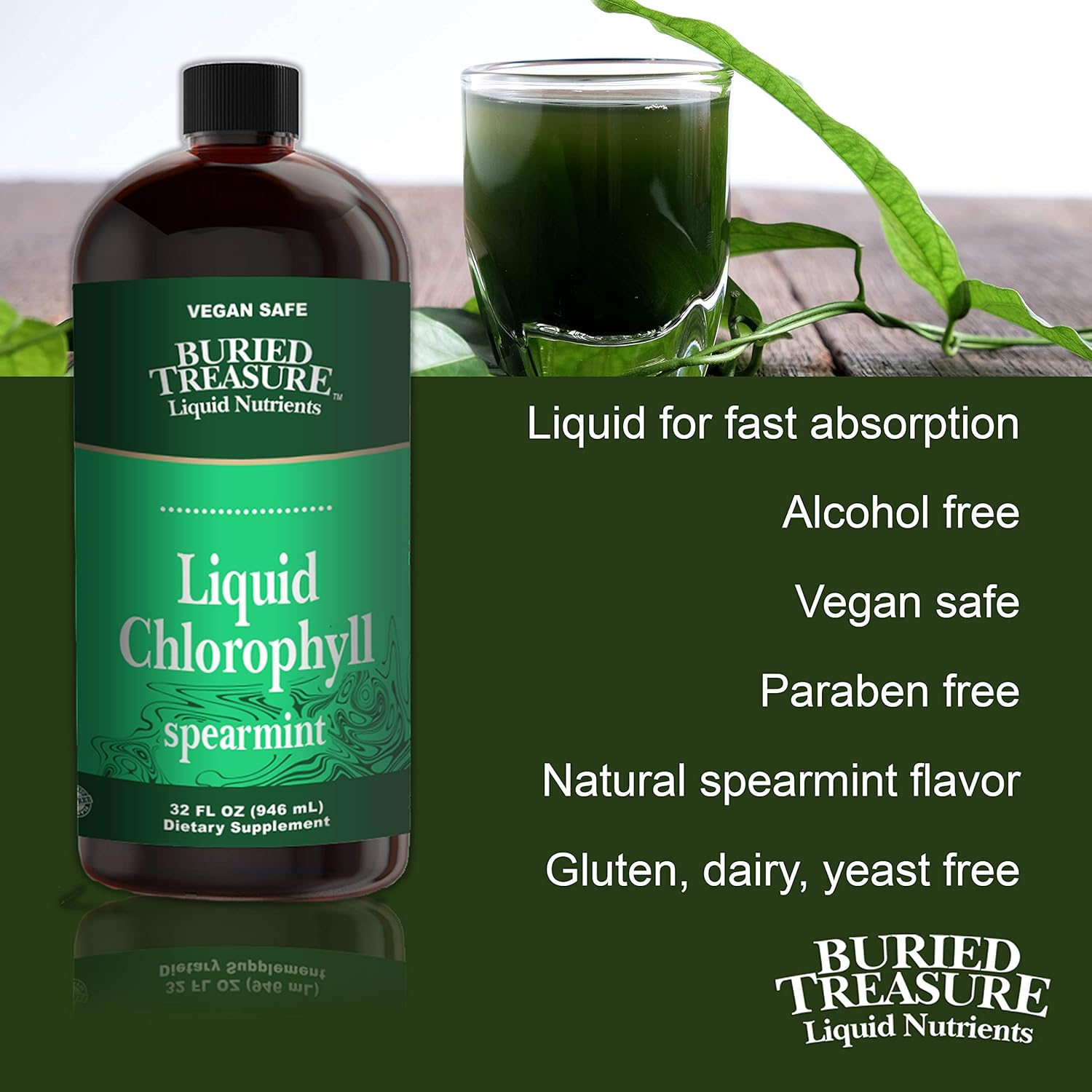 Buried Treasure Liquid Chlorophyll 100 mg, 32oz Spearmint Flavor Dietary Supplement, Intestinal Digestive Support Natural Body Deodorant Vegan Non-GMO Alcohol Free : Health & Household