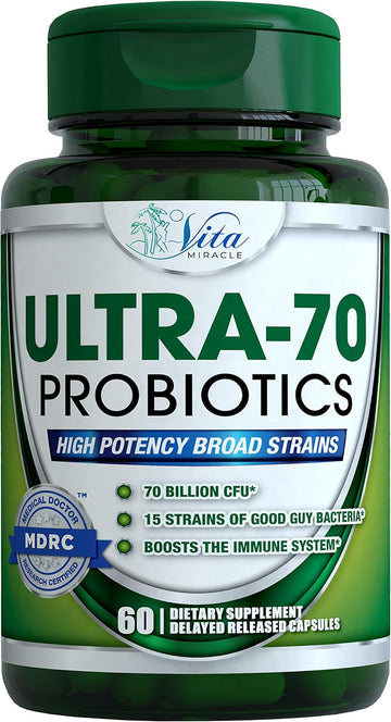 Vita Miracle Probiotics for Men Women Adults Digestive Health 70 Billion CFU Immune Support Best Daily Probiotic Supplement Organic Natural Prebiotic Dr Formulated for Gut Health with Acidophilus