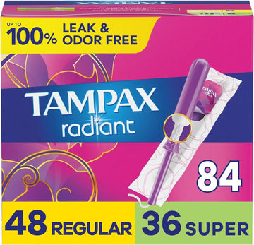 Tampax Radiant Tampons Multipack, Regular/Super Absorbency, with Leakguard Braid, Unscented, 84 Count