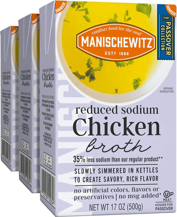 Manischewitz Reduced Sodium Chicken Broth 17oz (3 Pack), Flavorful, Kettle Cooked, Slowly Simmered, Kosher for Passover