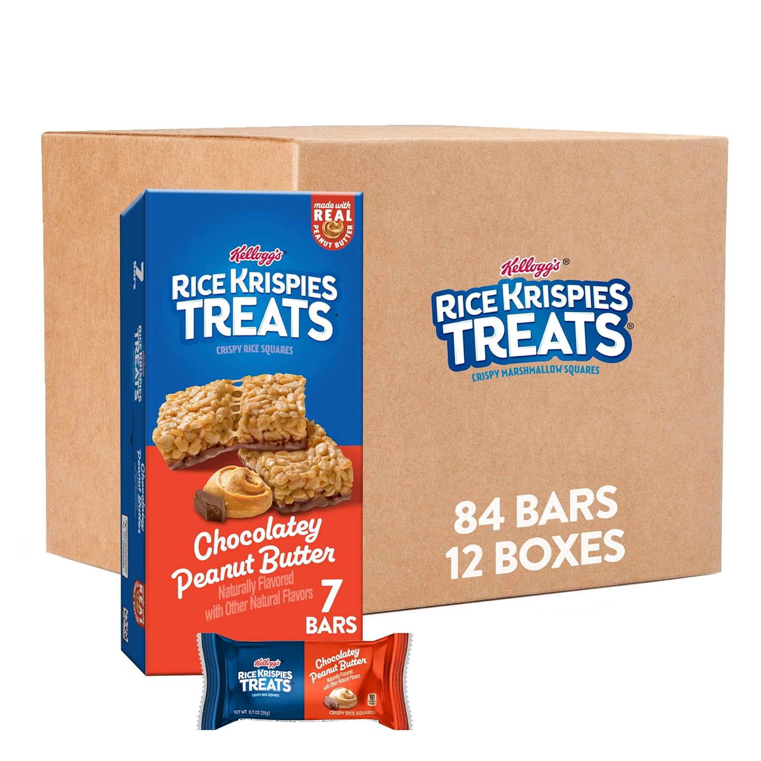 Rice Krispies Treats Crispy Rice Squares, Kids Snacks, Snack Bars, Chocolatey Peanut Butter (12 Boxes, 84 Bars)