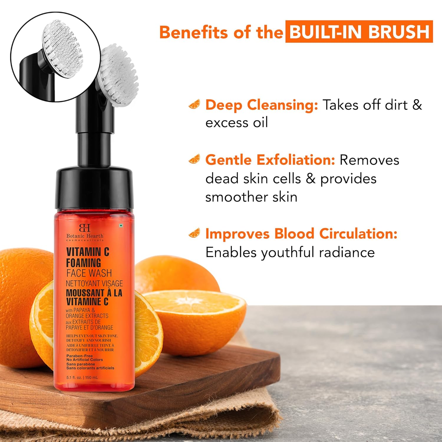 Botanic Hearth Vitamin C Foaming Face Wash With Papaya & Orange | Extracts Built|In Silicone Brush | For Cleansing & Glowing Skin | Paraben & Sulphate Free | Face Cleanser For Women & Men | 5.1 Fl Oz : Beauty & Personal Care