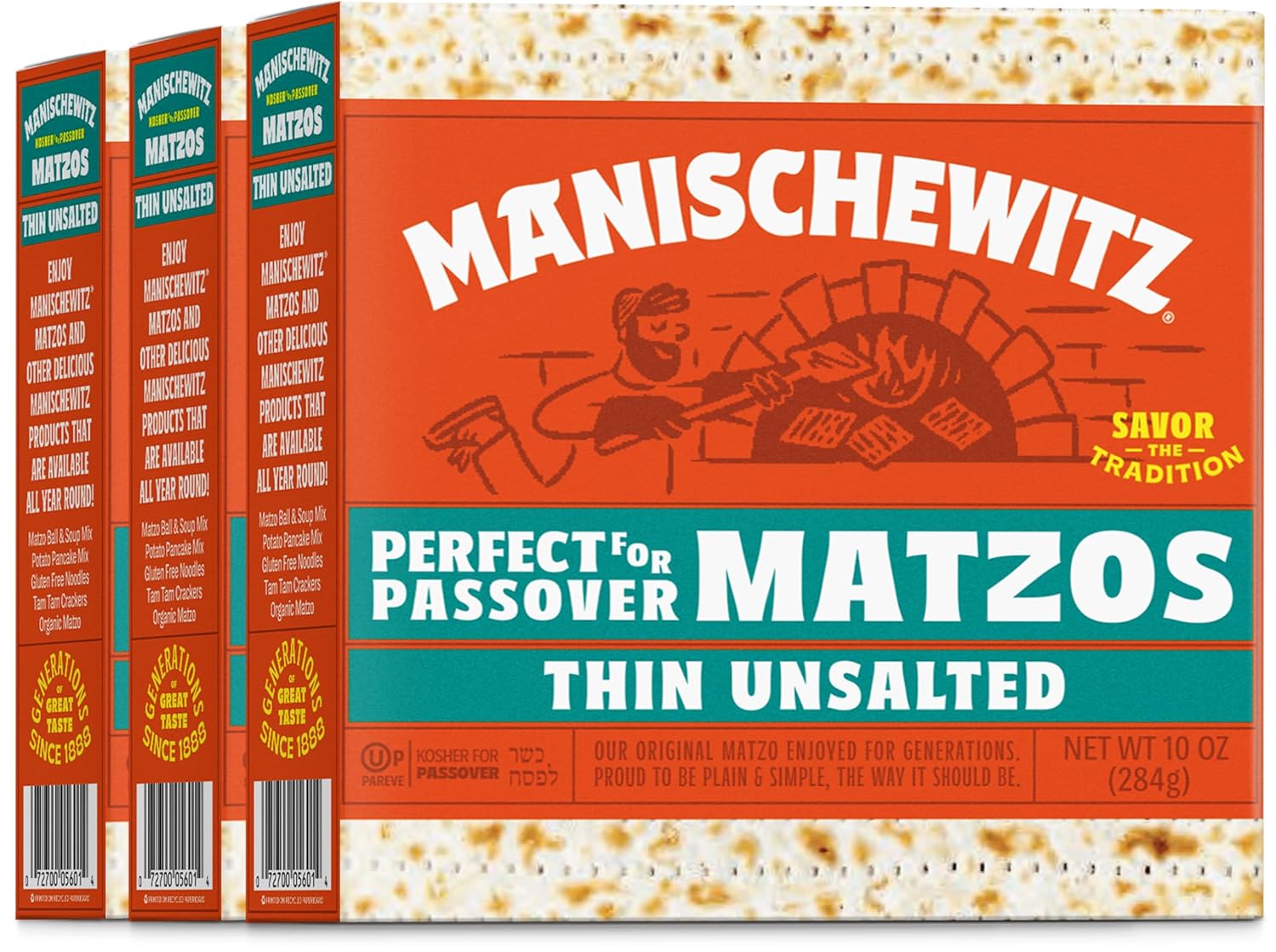 Manischewitz Original "Thin Unsalted Matzo" 10oz (3 Pack) Airy Crispy Crackers, Just Flour & Water, Sodium Free, Non GMO