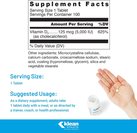 Klean Athlete Klean-D | 5000 Iu Of Vitamin D3 To Support Immune Health, Muscle Recovery, Calcium Absorption, And Bone Strength | Nsf Certified For Sport | 100 Tablets