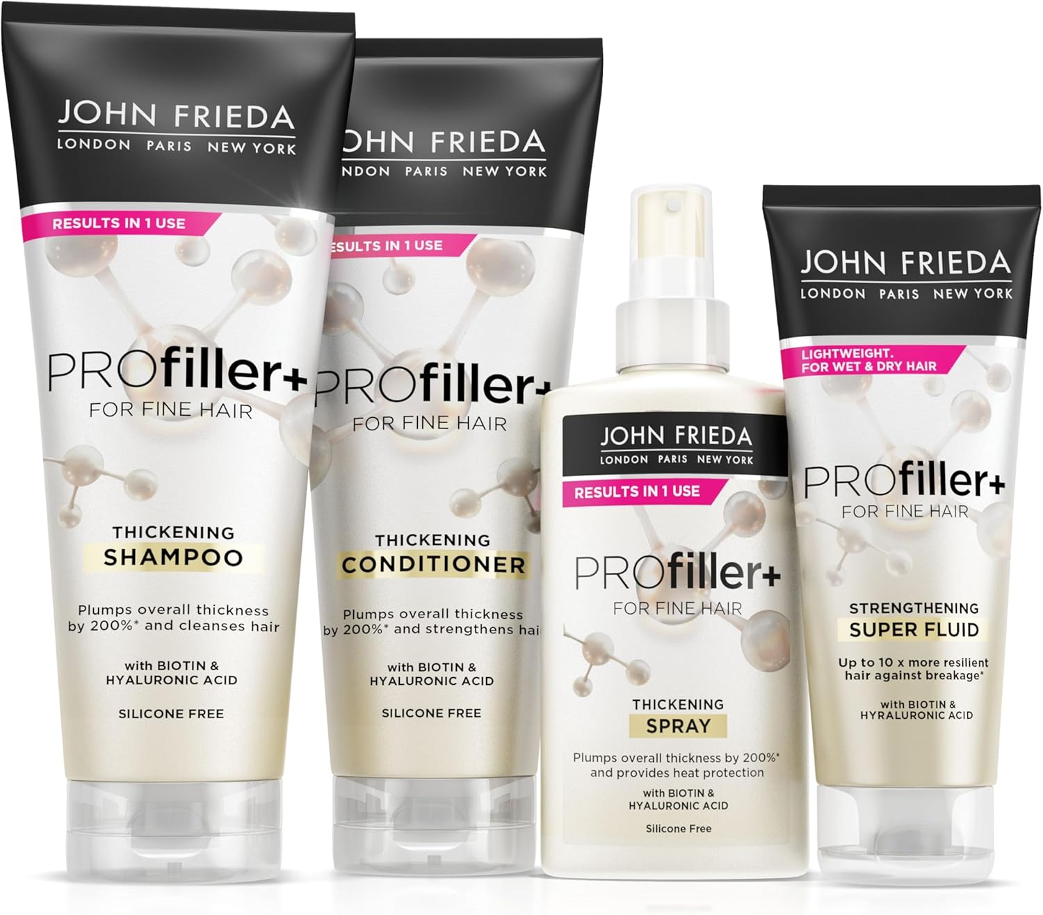 John Frieda Profiller+ Hair Thickening Bundle: Shampoo And Conditioner 250Ml, Thickening Spray 150Ml And Super Fluid 100Ml