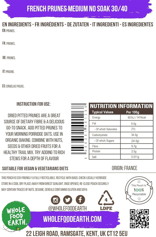 Wholefood Earth French Prunes Medium No Soak 30/40 250 G | Gmo Free | Natural | High Fibre