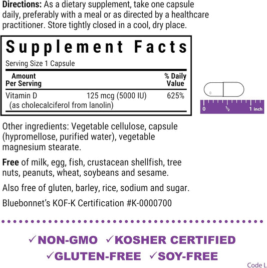 Bluebonnet Vitamin D3 5000 Iu 125 Mcg - Strong Bones & Immune Support Supplement For Women & Men* Soy-Free, Gluten-Free, Non-Gmo, Vegetarian - Highly Absorbable Vitamin D - 120 Veggie Capsules