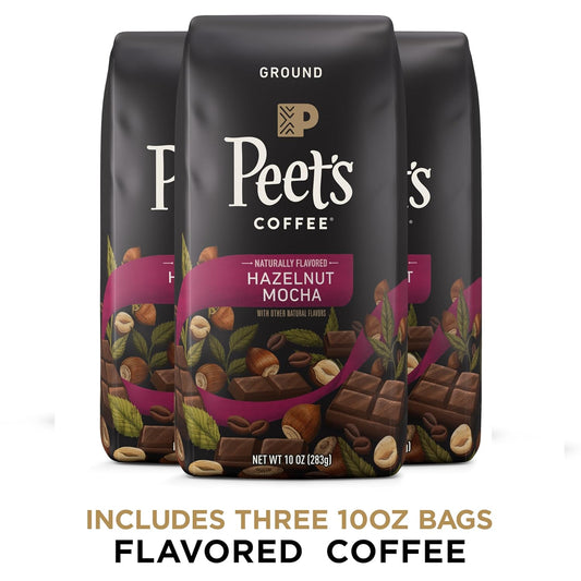 Peet's Flavored Coffee, Hazelnut Mocha Ground Coffee, 30 Ounces (Three Bags of 10oz), Light Roast