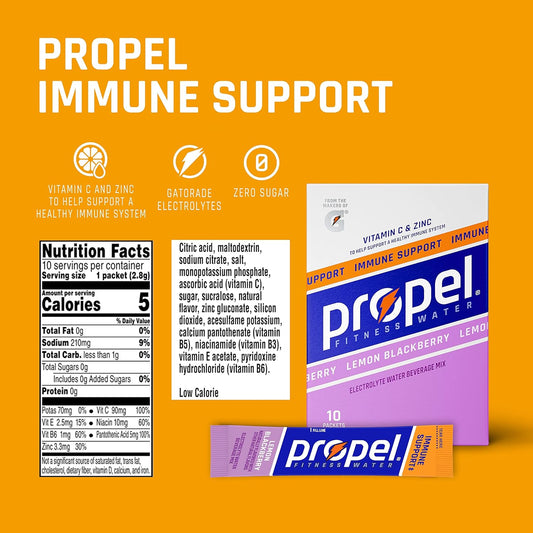 Propel Immune Support With Vitamin C + Zinc Powder Packets, Lemon Blackberry, 10 Count (Pack Of 12)