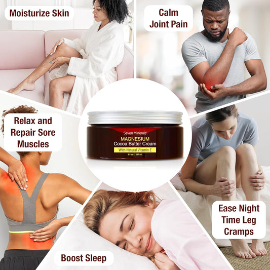 Seven Minerals, Natural Magnesium Cream For Pain Calm, Leg Cramps, Sleep & Muscle Soreness With Moisturizing Organic Cocoa Butter & Vitamin E - No Harmful Ingredients Usa Made Safe For Kids (8 Fl Oz)