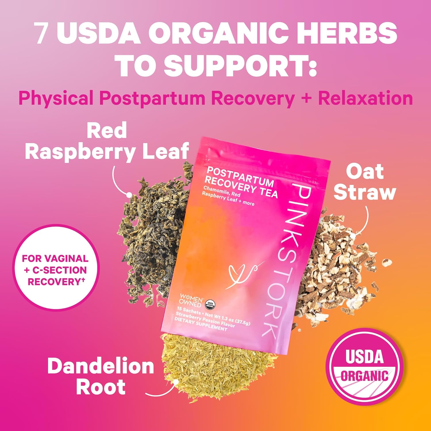 Pink Stork Postpartum Essentials for Hormone Balance, Recovery, and Mood Support for Women - Postnatal Vitamins with Ashwagandha, Raspberry Leaf Tea, and Chamomile Tea - Gifts for New Mom - Set of 3 : Health & Household