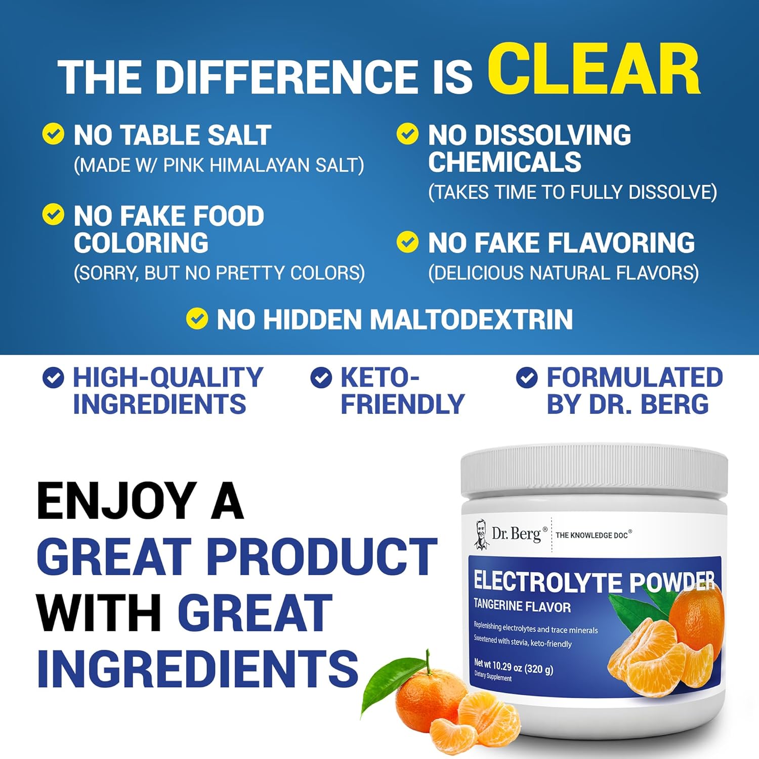 Dr. Berg Zero Sugar Hydration Keto Electrolyte Powder - Enhanced w/ 1000 mg of Potassium & Real Pink Himalayan Salt (NOT Table Salt) - Tangerine Flavor Hydration Drink Mix Supplement - 50 Servings : Health & Household