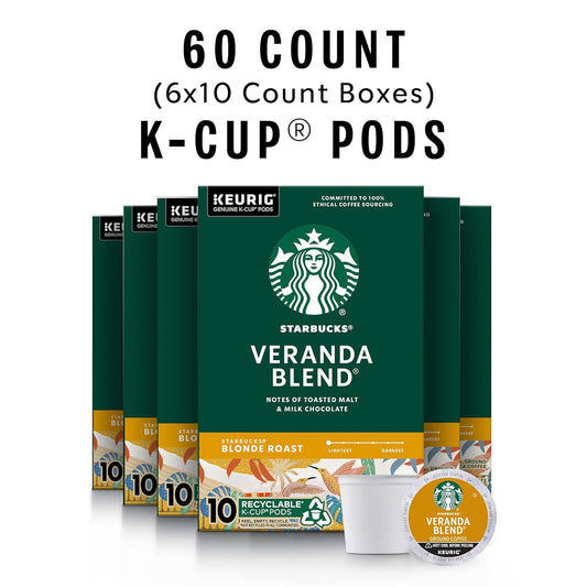 Starbucks K-Cup Coffee Pods, Starbucks Blonde Roast Coffee, Veranda Blend for Keurig Brewers, 100% Arabica, 6 boxes (60 pods total)