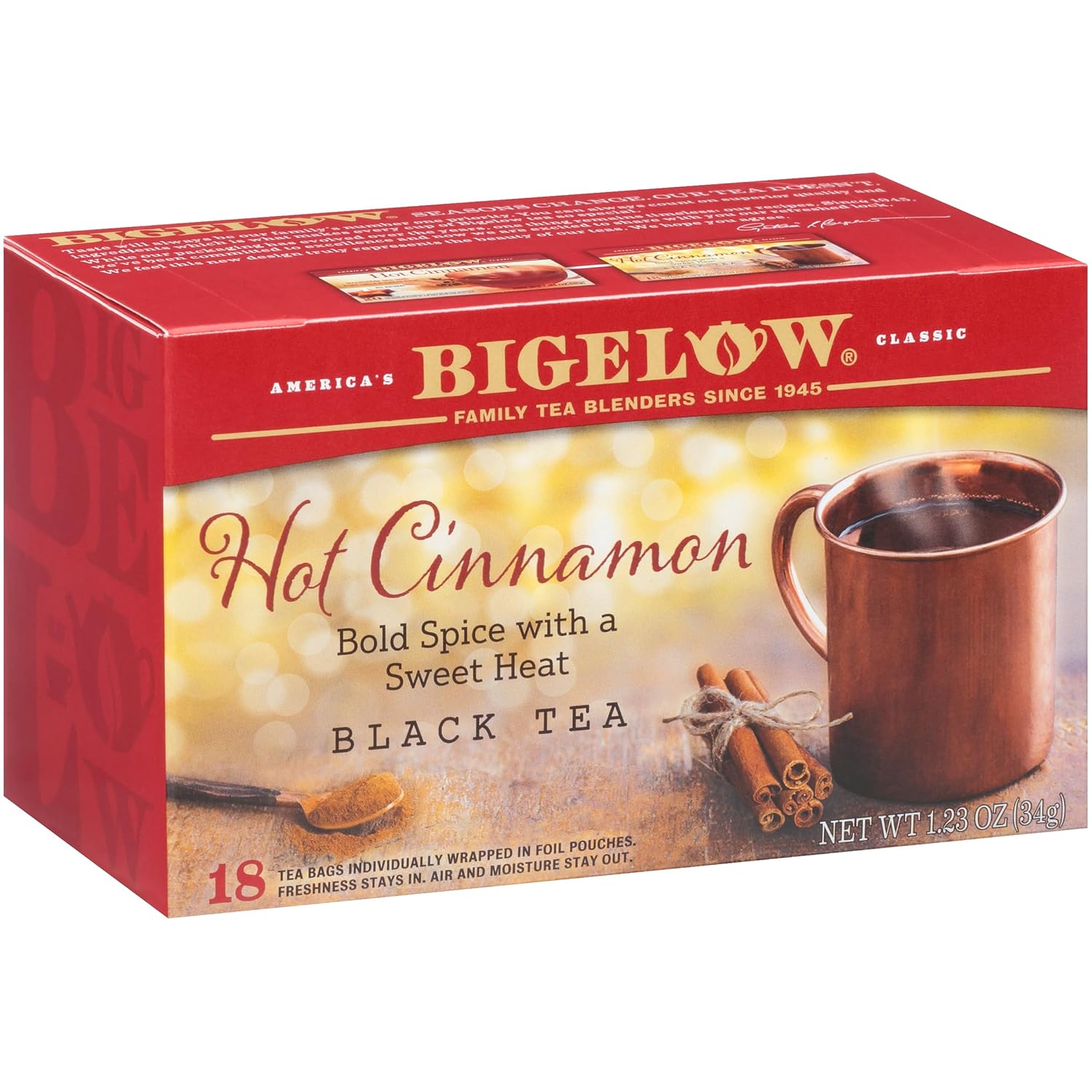 Bigelow Tea Hot Cinnamon Black Tea, Caffeinated, 18 Count (Pack Of 6), 108 Total Tea Bags