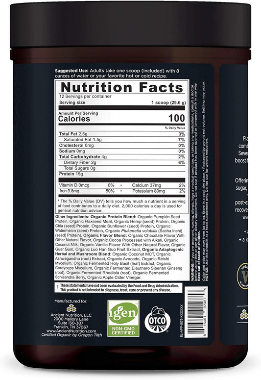 Ancient Nutrition Plant Based Protein Powder, Plant Protein+, Chocolate, Organic Vegan Superfoods Supplement, 15G Protein Per Serving, Gluten Free, Paleo Friendly 12 Serving