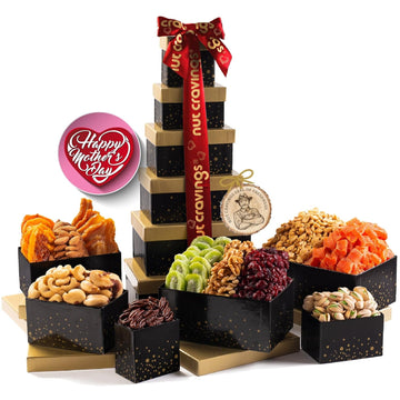 Nut Cravings Gourmet Collection - Mothers Day Mixed Nuts Gift Basket Black Tower + Heart Ribbon (12 Assortments) Arrangement Platter, Birthday Care Package - Healthy Kosher USA Made
