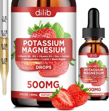 Potassium Magnesium Citrate Supplement, Liquid Magnesium Citrate Drops 500Mg With Ashwagandha, Calcium, Zinc, Vitamin D3, B6, B12, Coq10 - Support Calm & Bone & Muscle & Immune Health Vegan 2 Fl Oz