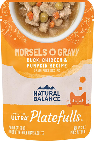 Natural Balance Original Ultra Platefulls Indoor Adult Grain Free Wet Cat Food, Duck, Chicken & Pumpkin Recipe, 3 Ounce Pouch (Pack Of 24)