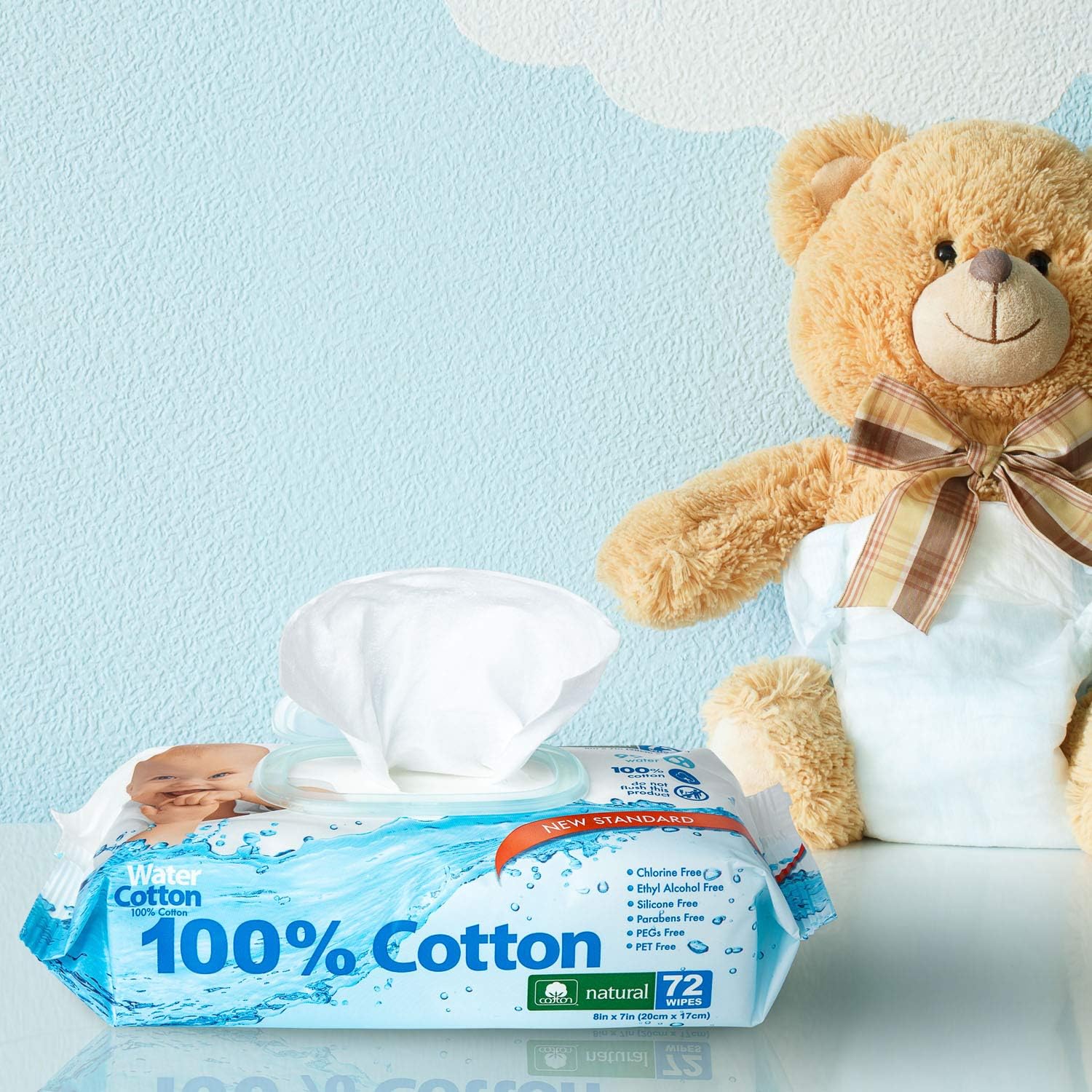 Water Cotton Baby Wipes 100% Biodegradable Sensitive Baby Safe Sweet Almond Oil Panthenol, White, Aloe Vera, 72 Count