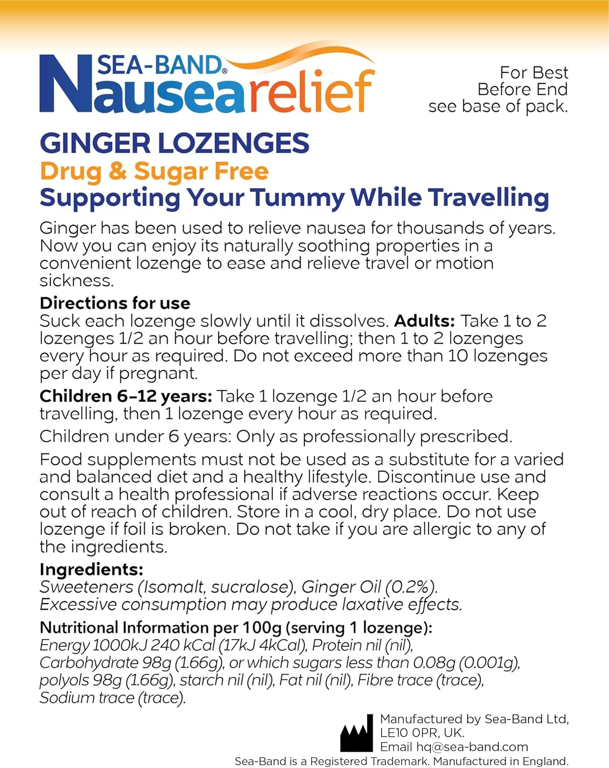 Sea-Band Travel & Motion Sickness and Nausea Relief, Sugar Free Ginger Lozenges and Kids Acupressure Wristband Bundle, (1 x Pack of Ginger Lozenges, 24 Capsules, 1 x Pair of Kids Blue) : Amazon.co.uk: Health & Personal Care